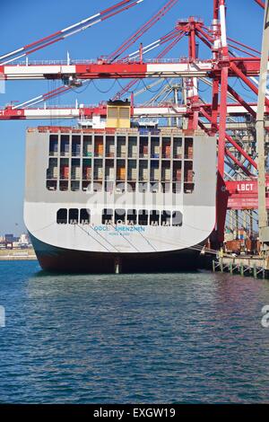 Nave Container, OOCL Shenzhen, ormeggiato a Long Beach Container Terminal, Los Angeles, California, USA. Foto Stock