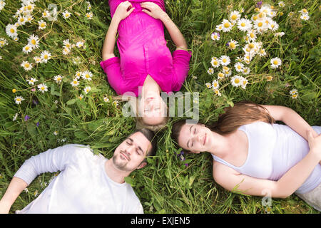 Happy amici trascorrere del tempo libero insieme in un campo Foto Stock