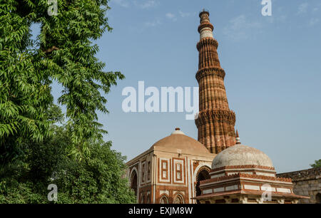 I monumenti del complesso di Qutub NEW DELHI Qutub Minar ALAI DARWAZA TOMBA DI IMAM ZAMIN con cielo blu e verde Foto Stock