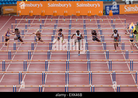 Jessica TAPPIN Gemma Bennett, Lucy HATTON, Yasmin Miller, Tiffany Porter, Serita Salomone, Angelita BROADBELT-BLAKE & Karla ha attirato Donne 100m Ostacoli Finale 2014 Sainsbury's del Campionato Britannico Birmingham Alexander Stadium Regno Unito Foto Stock