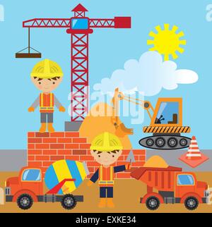 Costruzione,lavoratore,professione,l'occupazione,BOY,carino,cartoon,immagine,vettore,attrezzature da costruzione,carrello Illustrazione Vettoriale