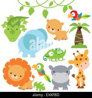 Lion leonessa elephant parrot Palm tree graziosi animali animali della giungla divertente vettore illustrazione cartoon coccodrillo giraffe Illustrazione Vettoriale