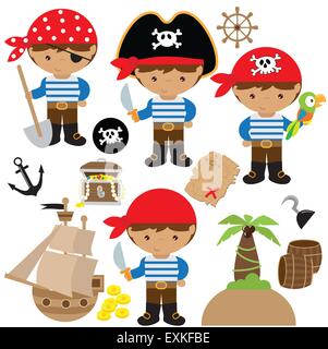 Pirate,BOY,la nave dei pirati, scrigno, isola, Palm tree, mappa, cranio, Jolly Roger, Parrot Illustrazione Vettoriale