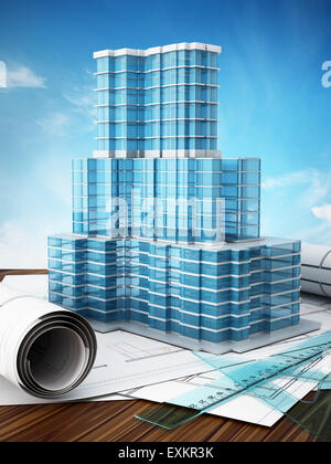Costruzione di un progetto con modello dell'edificio sul blueprint Foto Stock