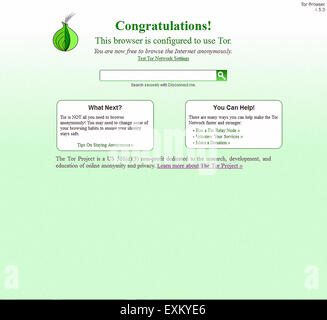 Schermata di avvio per il browser di cipolla, meglio conosciuto come 'Tor' che consente agli utenti di accedere a Internet in modo anonimo. L'anonimato Tor rimbalzi di rete del traffico Internet attraverso una rete distribuita ('onion routing') del relè correre intorno al mondo impedire ai terzi il monitoraggio della connessione. Foto Stock