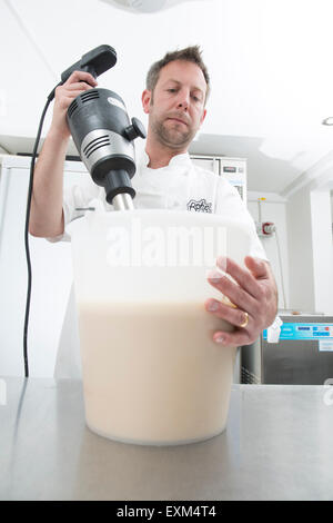 La produzione del gelato in una cucina professionale, miscelazione, aggiungendo gli ingredienti, agitazione. L' intero processo di fresco gelato Foto Stock