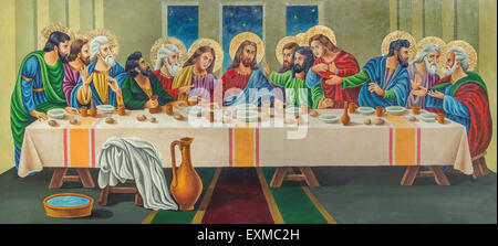 Gerusalemme - il dipinto dell'Ultima cena da artista Andranik (2001) sul legno nella chiesa ortodossa Tomba della Vergine Maria Foto Stock