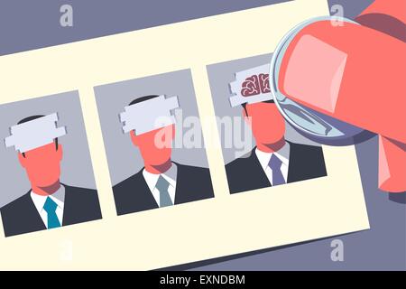 Mano con moneta è di graffiare una scheda con le immagini dei candidati. Gestione delle risorse umane del concetto. In stile retrò illustrazione. Illustrazione Vettoriale