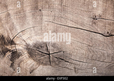 Marrone scuro legno vecchio bordo, closeup texture di sfondo con crepe e nodi Foto Stock