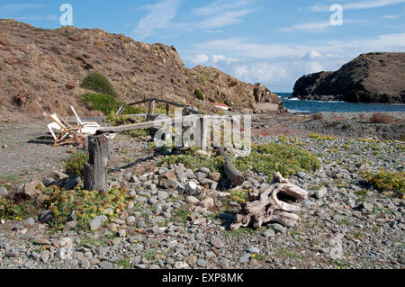 Driftwood e jetsam su una spiaggia di ciottoli sulla costa nord dell'isola spagnola di Menorca Foto Stock