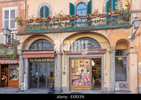 Negozi in Piazza San Michele Lucca Toscana Italia Foto Stock