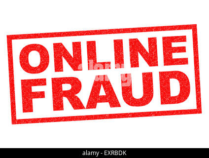 Le frodi online rosso timbro di gomma su uno sfondo bianco. Foto Stock