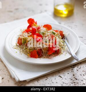 Insalata di nasturtium i fiori e i germogli su una piastra Foto Stock