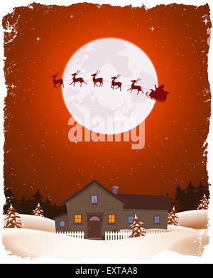 Illustrazione di un cartoon di natale ritratto paesaggio invernale con casa, neve, foresta di conifere e battenti babbo natale con la slitta Foto Stock