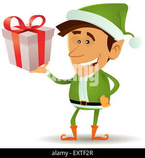 Illustrazione di un divertente cartoon felice natale elf o carattere leprechaun sorridente e azienda santa claus presente nella sua mano Foto Stock