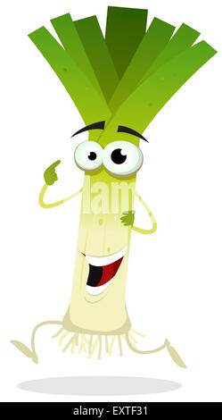 Illustrazione di un divertente happy cartoon verde carattere porro in esecuzione Foto Stock