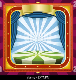 Illustrazione di un quadrato vacanze circus telaio poster di sfondo con striscioni, tende blu e oro ornamenti per eventi artistici Foto Stock