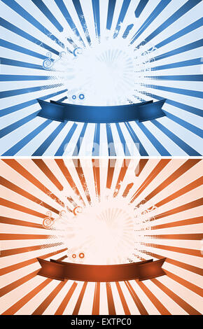 Illustrazione di una serie di rosso e blu vacanze felici sfondo per la festa o evento di festa, con forme floreali e raggi solari Foto Stock