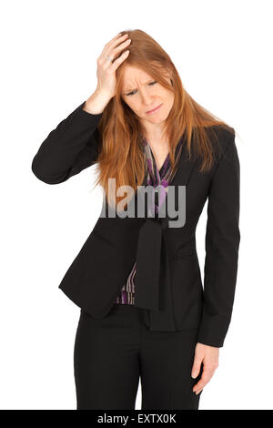 Bella imprenditrice facendo espressioni diverse in diversi set di vestiti: mal di testa Foto Stock