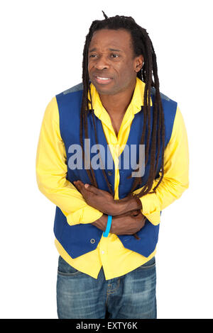 Uomo bello con dreadlocks facendo espressioni diverse in diversi set di vestiti: stomachache Foto Stock