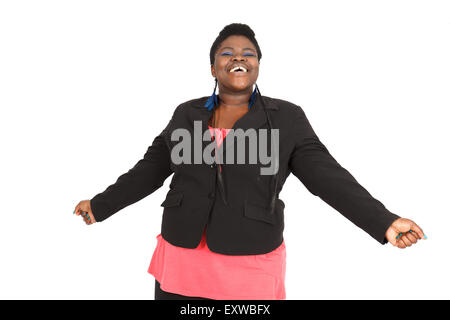 Bella donna nera facendo espressioni diverse in diversi set di vestiti: Gioia Foto Stock