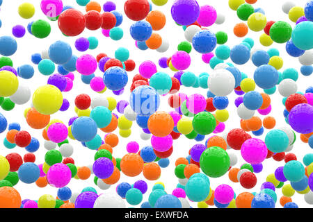 Sfere multicolore galleggiante su uno sfondo bianco. Un rendering 3D. Foto Stock