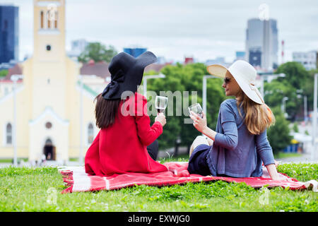 Due amiche di bere insieme il vino rosso Foto Stock