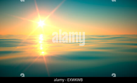 Tramonto sul mare traquil con ondeggiano delicatamente onde. Un rendering 3D. Foto Stock