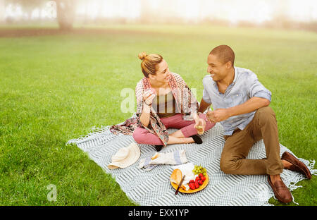 Metà adulto giovane avente picnic nel parco Foto Stock