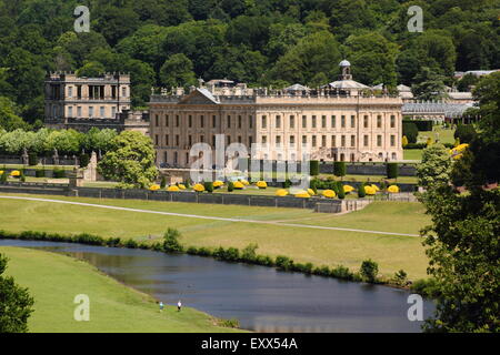 Chatsworth House, sede del duca di Devonshire, nel Parco Nazionale di Peak District, DERBYSHIRE REGNO UNITO Inghilterra Foto Stock