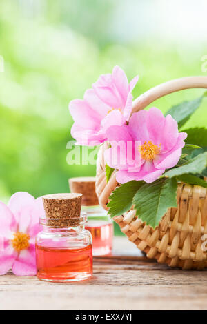 Rustico cesto in vimini con rose hip fiori e bottiglie di olio essenziale sul vecchio tavolo in legno. Foto Stock