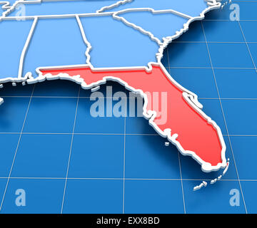 3D rendering della mappa USA con Florida state evidenziate Foto Stock