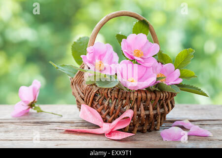 Cesto in Vimini con wild rose fiori. Il matrimonio o un compleanno decorazione in stile rustico. Foto Stock