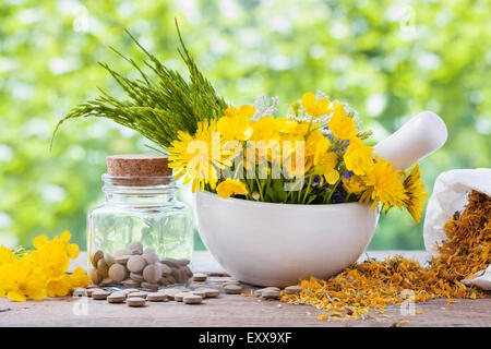 Erbe curative in un mortaio e una bottiglia di pillole sul tavolo rustico, la medicina di erbe. Foto Stock