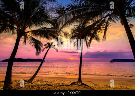 Viola tramonto sulla spiaggia, vacanze estive dello sfondo. Foto Stock