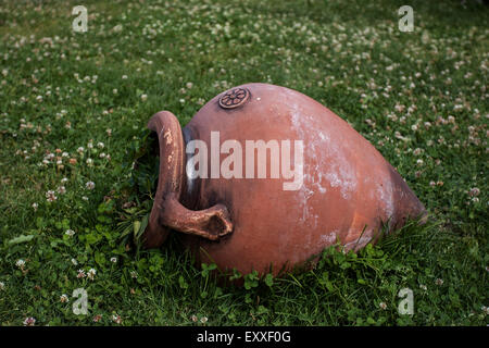 Decorative POT di argilla con bellissimi fiori nel giardino Foto Stock