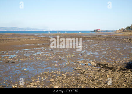 Spiaggia a bassa marea, Swansea Bay, Mumbles, Penisola di Gower, South Wales, Regno Unito Foto Stock