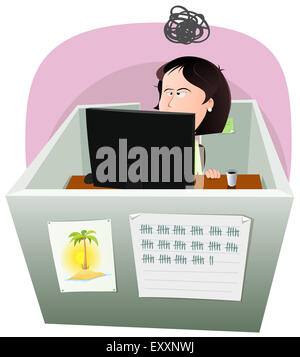 Illustrazione di un cartoon dipendente ufficio donna lifestyle, lavorando frustrato in un noioso lavoro in tempo di crisi Foto Stock