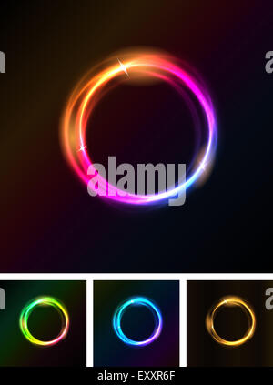 Illustrazione di un set di astratta lucido cerchi di luce con le stelle luminose su sfondo nero Foto Stock