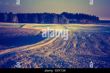 Vintage foto del campo arato nella calma della campagna. Il paesaggio agricolo con il vecchio stile di colori Foto Stock