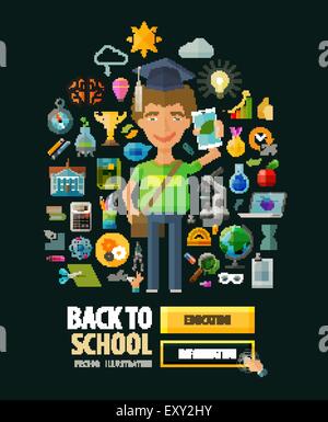 Si torna a scuola il vettore logo design modello. L'educazione, l'istruzione o le icone della scienza Illustrazione Vettoriale