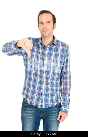 Uomo bello fare espressioni diverse in diversi set di vestiti: il pollice verso il basso Foto Stock