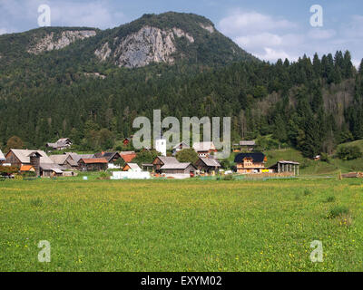 Vista orizzontale di un villaggio con una chiesa ah e fattorie con le montagne sullo sfondo nel Parco Nazionale del Triglav. La Slovenia. Foto Stock