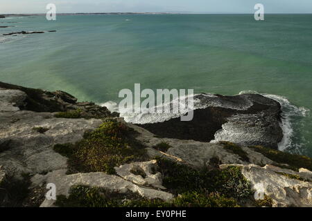 Seascape vicino a Waenhuiskrans, Arniston, Sud Africa, con il Fynbos boccole, visto da falesie sopra Waenhuiskrans grotta Foto Stock