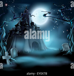 Halloween Castello gravi cantiere sfondo con un spooky haunted castle, alberi e tombe e una luna piena Foto Stock