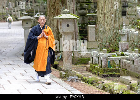 Koyasan, Giappone - 30 Aprile 2014: vista di un monaco Shingon camminare nel cimitero di Okunoin. Foto Stock