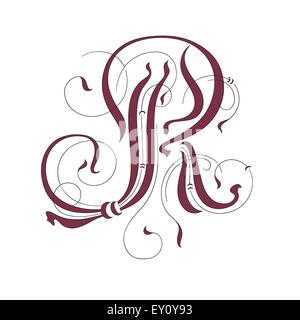 Eleganti elementi decorativi ornati in grafia grande lettera R Illustrazione Vettoriale