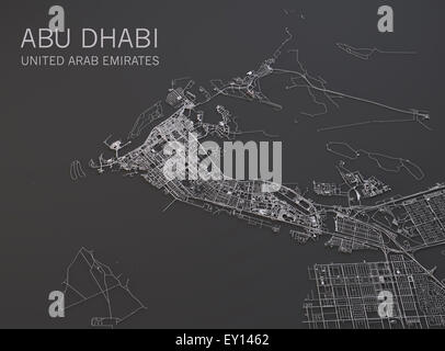 Abu Dhabi le strade e gli edifici mappa satellitare vista sul nero, Emirati Arabi Uniti Foto Stock