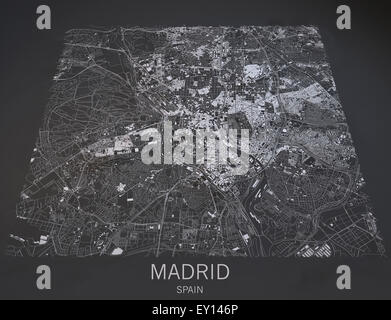 Madrid le strade e gli edifici mappa sul nero, Spagna Foto Stock