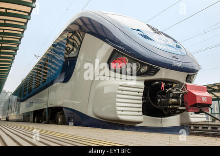 Treno regionale società Ferrovie Ceche sulla stazione di Decin Foto Stock